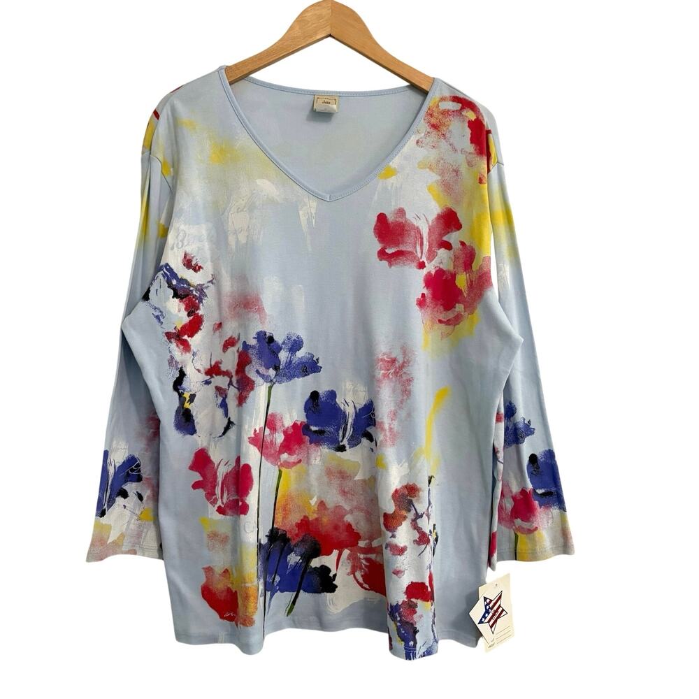 Jess & Jane Light Blue Floral V Neck Top Women’s Size 1X Artsy 3/4 Sleeve Boho